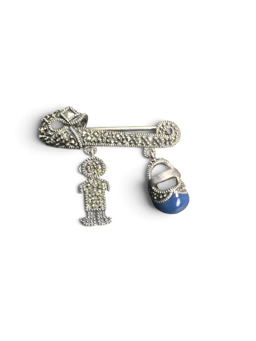 Sterling Silver Marcasite Baby Safety Pin Brooch Boy Shoe Judith Jack Vintage